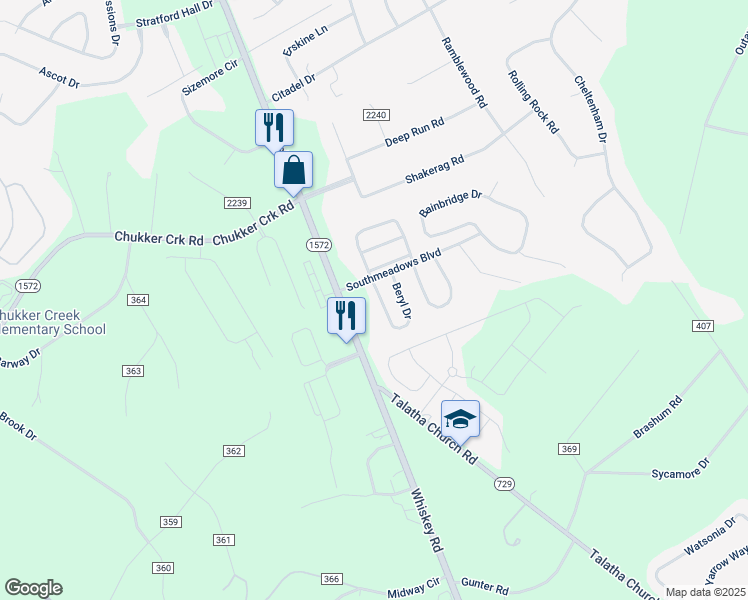 map of restaurants, bars, coffee shops, grocery stores, and more near 330 Beryl Drive in Aiken