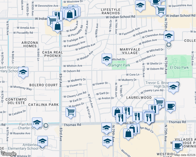 map of restaurants, bars, coffee shops, grocery stores, and more near 3319 North 80th Drive in Phoenix