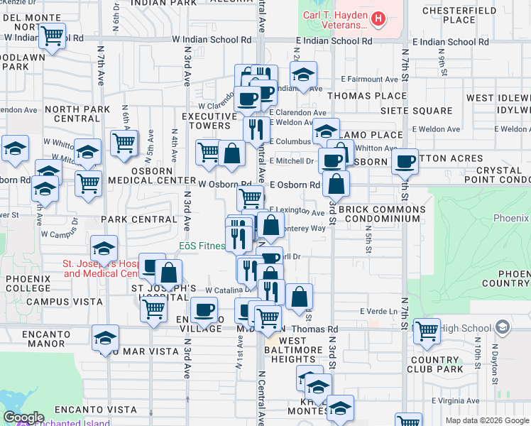map of restaurants, bars, coffee shops, grocery stores, and more near 3236 North Central Avenue in Phoenix