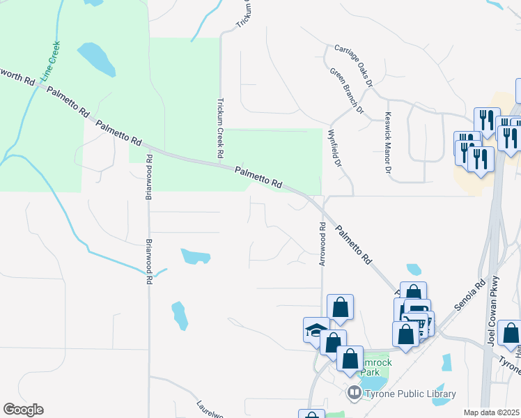 map of restaurants, bars, coffee shops, grocery stores, and more near 210 Valley View Dr in Tyrone
