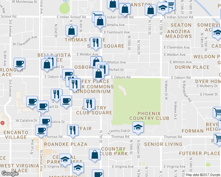 map of restaurants, bars, coffee shops, grocery stores, and more near 131 North Country Club Drive in Phoenix