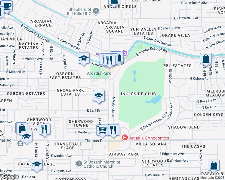 map of restaurants, bars, coffee shops, grocery stores, and more near 3311 North Valencia Lane in Phoenix