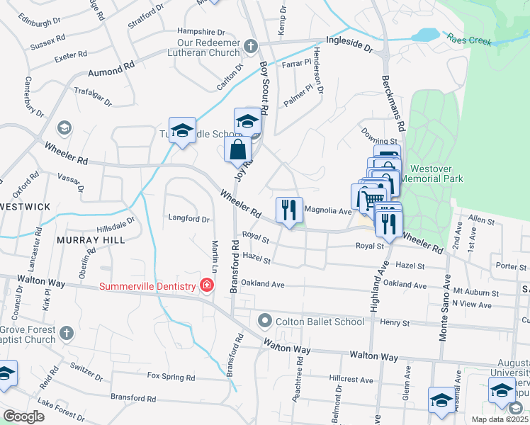 map of restaurants, bars, coffee shops, grocery stores, and more near 2833 Wheeler Road in Augusta
