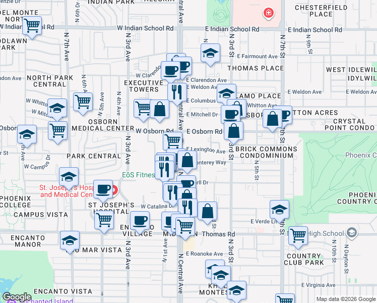 map of restaurants, bars, coffee shops, grocery stores, and more near 25 East Lexington Avenue in Phoenix