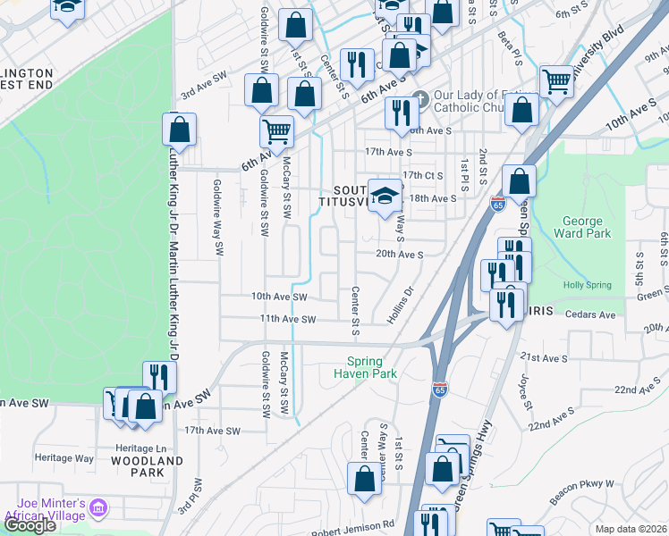 map of restaurants, bars, coffee shops, grocery stores, and more near 16 9th Terrace Southwest in Birmingham