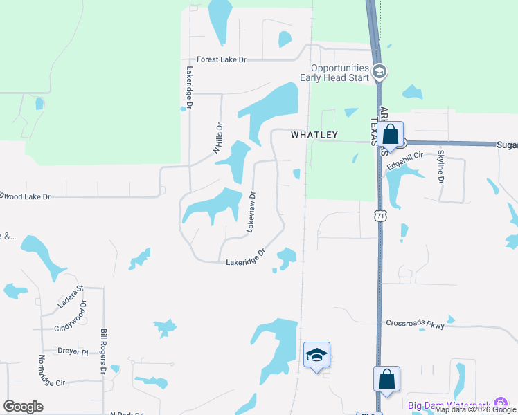 map of restaurants, bars, coffee shops, grocery stores, and more near 6651 Lakeridge Drive in Texarkana