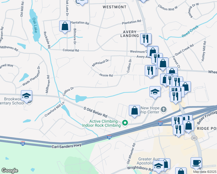 map of restaurants, bars, coffee shops, grocery stores, and more near 1430 Collins Drive in Augusta