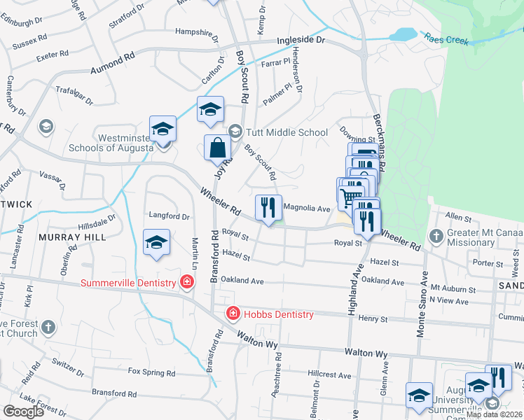 map of restaurants, bars, coffee shops, grocery stores, and more near 542 Basin Street in Augusta