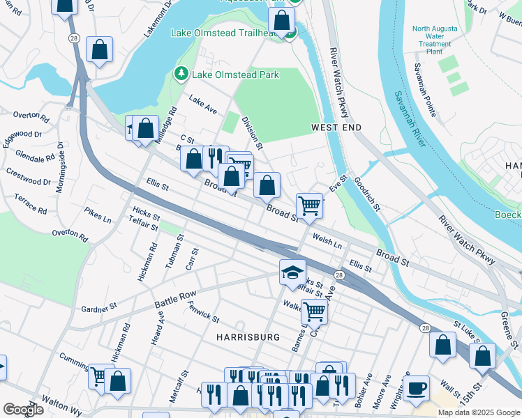 map of restaurants, bars, coffee shops, grocery stores, and more near 1974 Broad Street in Augusta