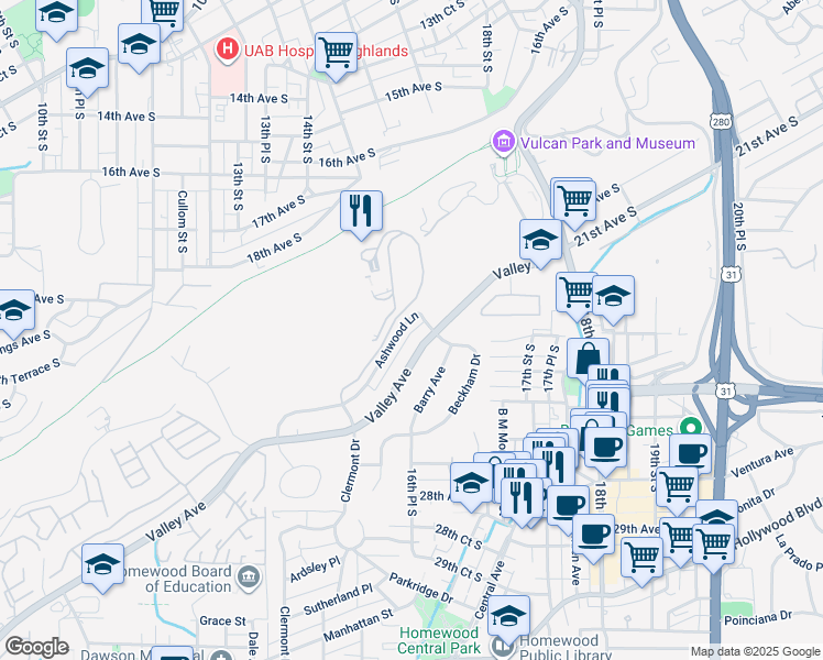 map of restaurants, bars, coffee shops, grocery stores, and more near 1721 Ashwood Lane in Birmingham
