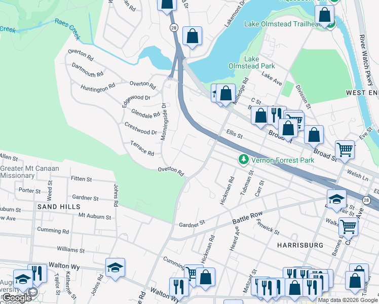 map of restaurants, bars, coffee shops, grocery stores, and more near 406 Brookside Court in Augusta