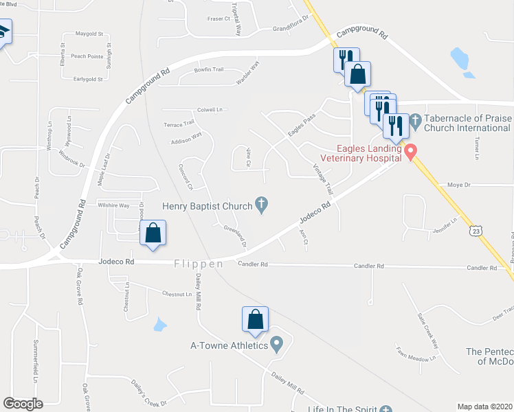 map of restaurants, bars, coffee shops, grocery stores, and more near 4035 Jodeco Road in McDonough