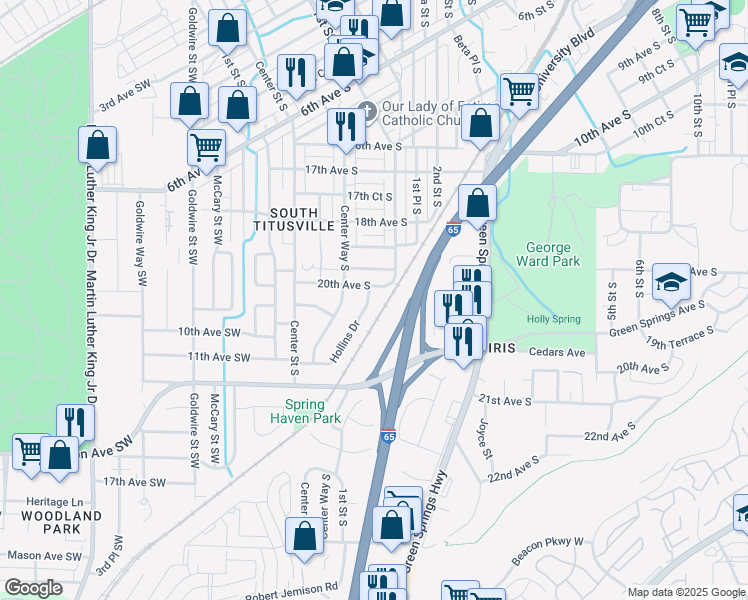 map of restaurants, bars, coffee shops, grocery stores, and more near 2005 Hollins Drive in Birmingham