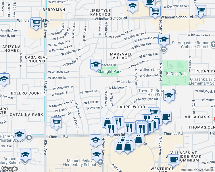 map of restaurants, bars, coffee shops, grocery stores, and more near 7836 West Mulberry Drive in Phoenix