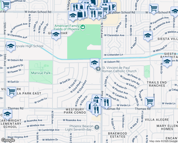 map of restaurants, bars, coffee shops, grocery stores, and more near 3201 North 52nd Parkway in Phoenix
