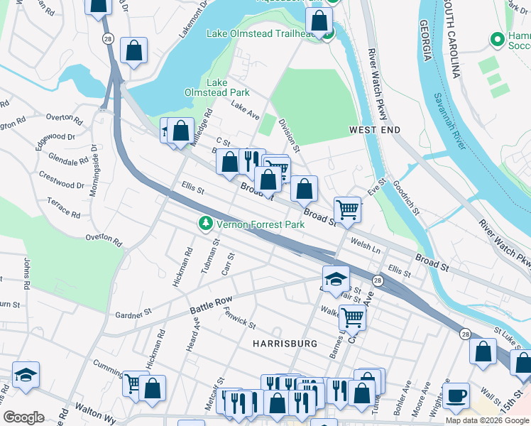 map of restaurants, bars, coffee shops, grocery stores, and more near 2017 Ellis Street in Augusta