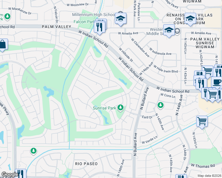 map of restaurants, bars, coffee shops, grocery stores, and more near 14883 West Crenshaw Drive in Goodyear