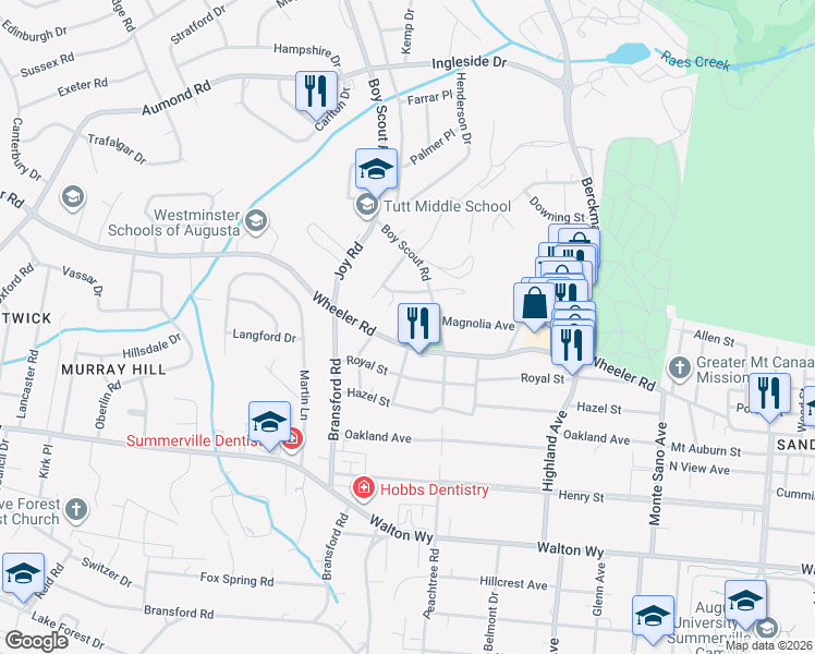 map of restaurants, bars, coffee shops, grocery stores, and more near 542 Basin Street in Augusta