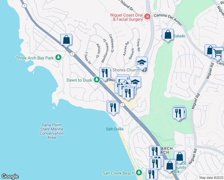 map of restaurants, bars, coffee shops, grocery stores, and more near 3 Monarch Bay Plaza in Dana Point