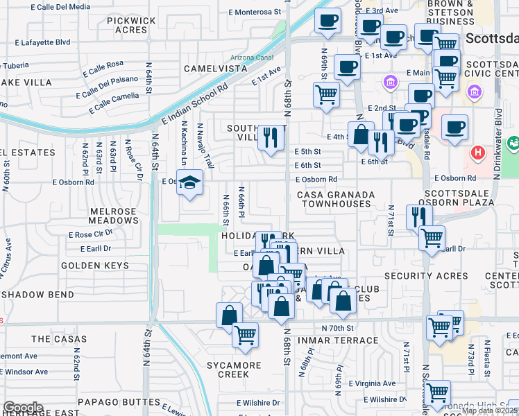 map of restaurants, bars, coffee shops, grocery stores, and more near 6715 East Angus Drive in Scottsdale