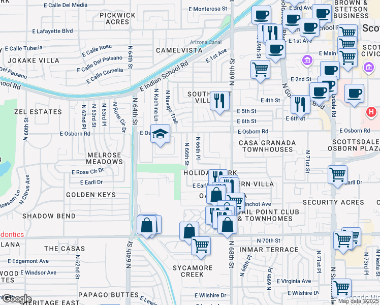 map of restaurants, bars, coffee shops, grocery stores, and more near 3238 North 66th Street in Scottsdale