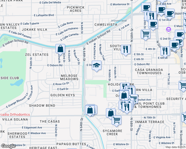 map of restaurants, bars, coffee shops, grocery stores, and more near 3493-3501 North 75th Place in Scottsdale
