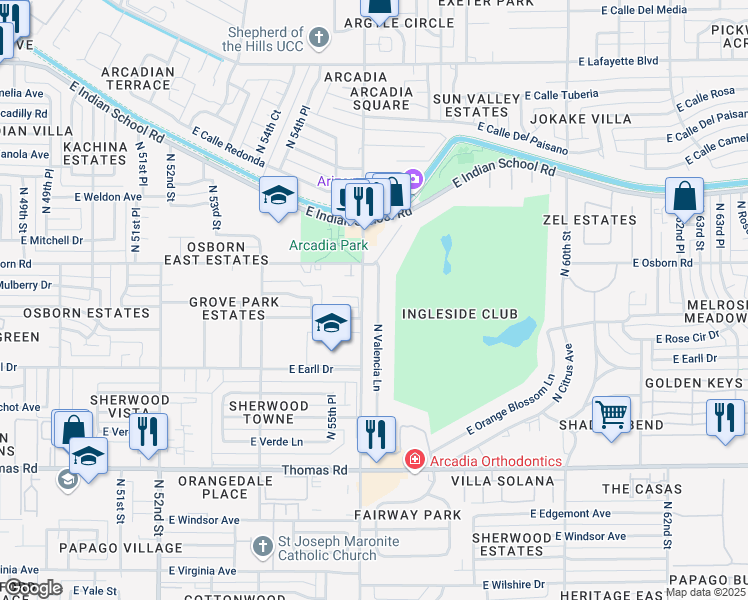 map of restaurants, bars, coffee shops, grocery stores, and more near 3311 North Valencia Lane in Phoenix