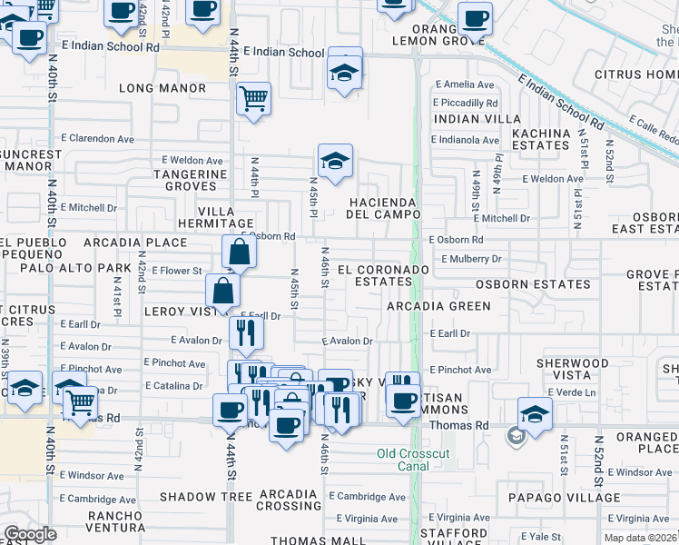 map of restaurants, bars, coffee shops, grocery stores, and more near 4600 East Flower Street in Phoenix