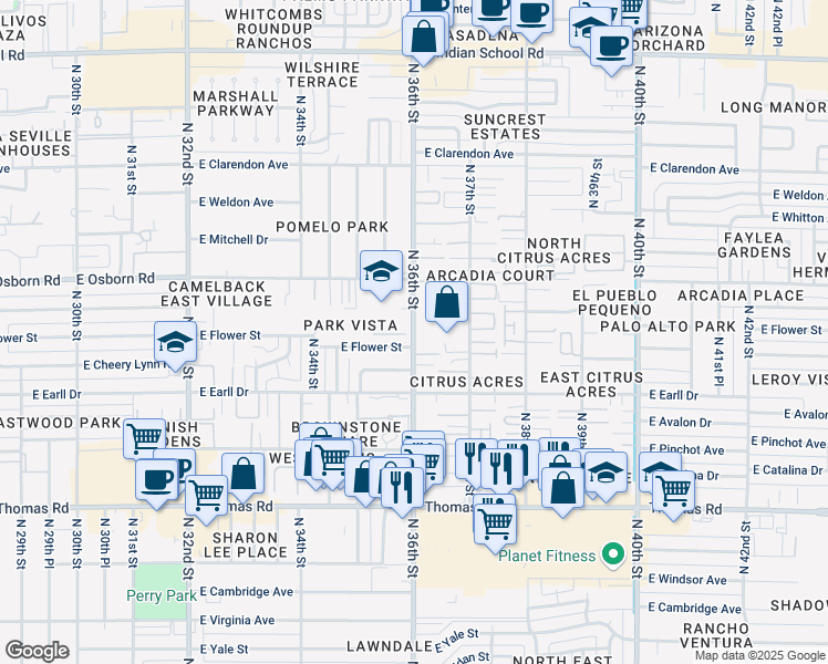 map of restaurants, bars, coffee shops, grocery stores, and more near 3201 North 36th Street in Phoenix