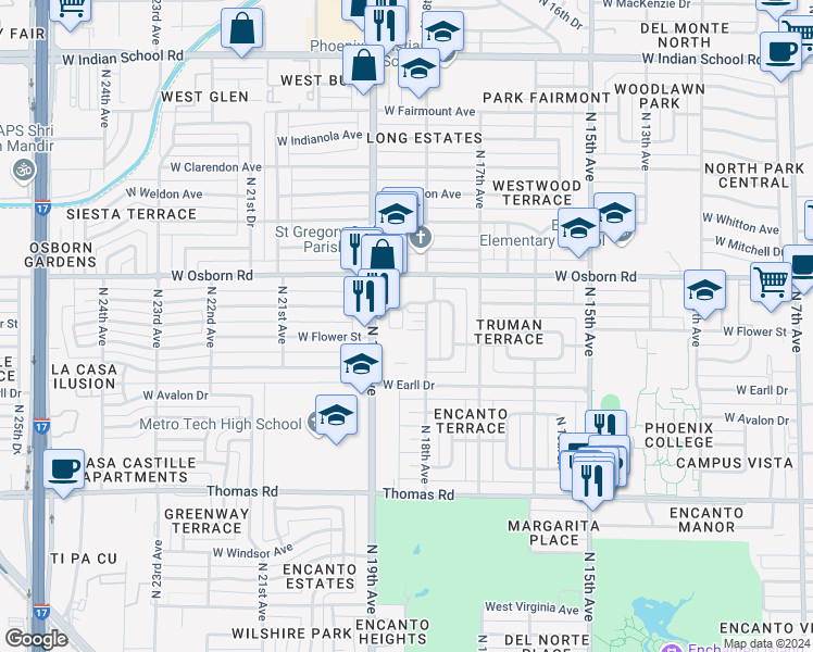 map of restaurants, bars, coffee shops, grocery stores, and more near 3318 North 18th Avenue in Phoenix