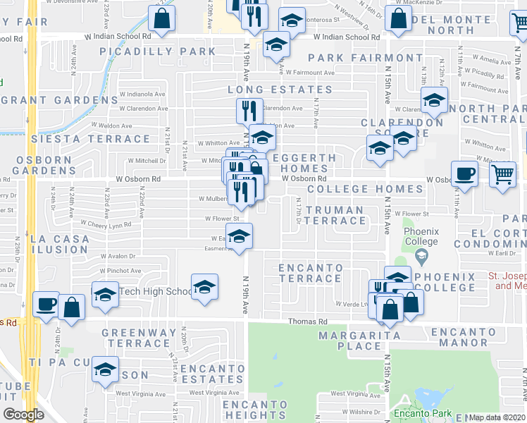 map of restaurants, bars, coffee shops, grocery stores, and more near 3317 North 19th Avenue in Phoenix