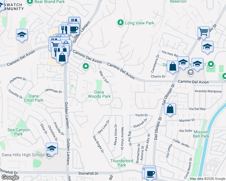 map of restaurants, bars, coffee shops, grocery stores, and more near 25121 Danabirch in Dana Point