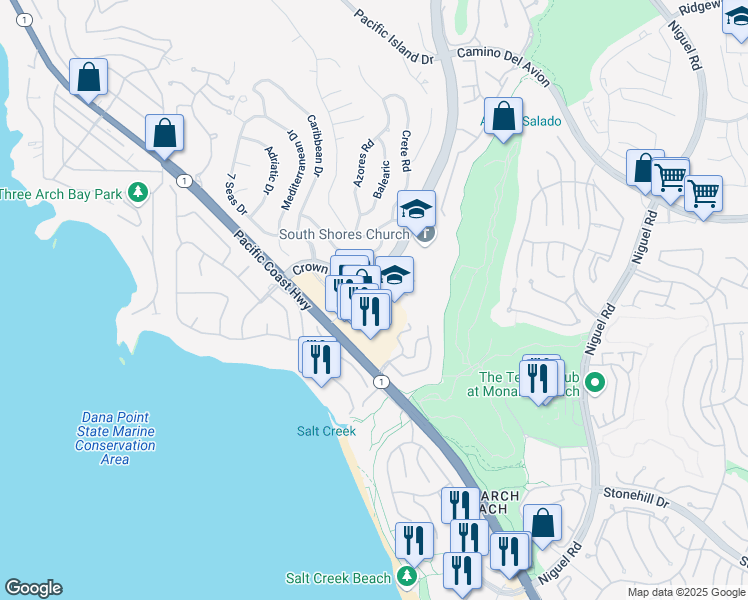 map of restaurants, bars, coffee shops, grocery stores, and more near 32900 Pacific Coast Highway in Dana Point