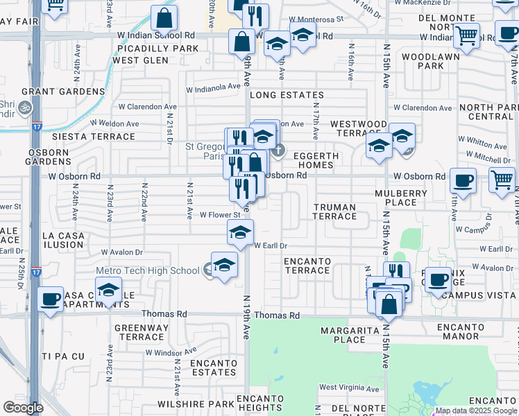 map of restaurants, bars, coffee shops, grocery stores, and more near 3317 North 19th Avenue in Phoenix