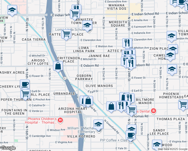 map of restaurants, bars, coffee shops, grocery stores, and more near 3223 North 21st Street in Phoenix