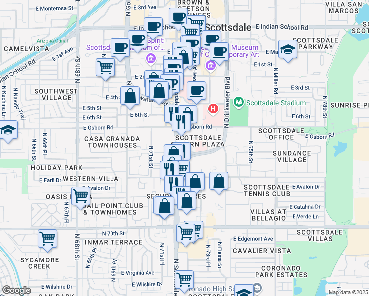 map of restaurants, bars, coffee shops, grocery stores, and more near 3311 North Scottsdale Road in Scottsdale