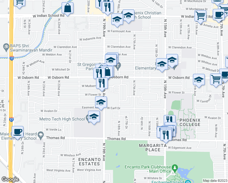 map of restaurants, bars, coffee shops, grocery stores, and more near 3318 North 18th Avenue in Phoenix