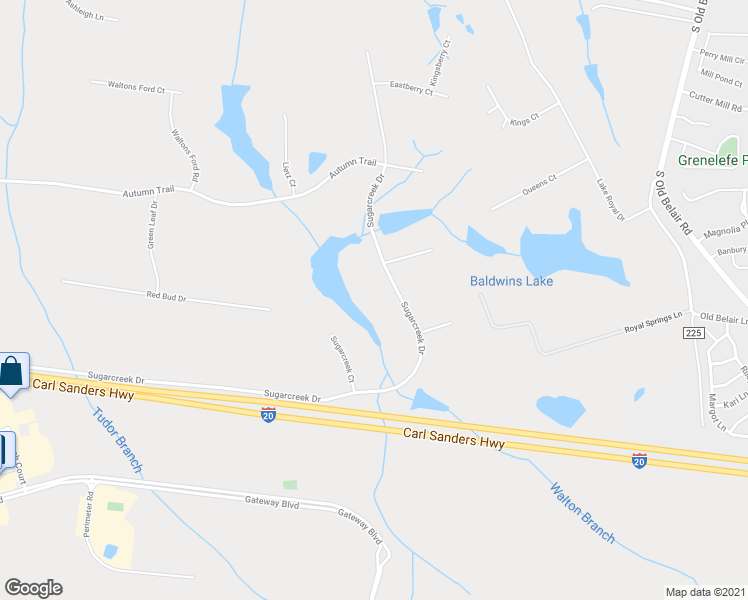 map of restaurants, bars, coffee shops, grocery stores, and more near 325 Sugarcreek Drive in Grovetown