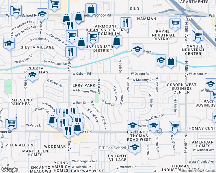 map of restaurants, bars, coffee shops, grocery stores, and more near 3311 North 40th Drive in Phoenix