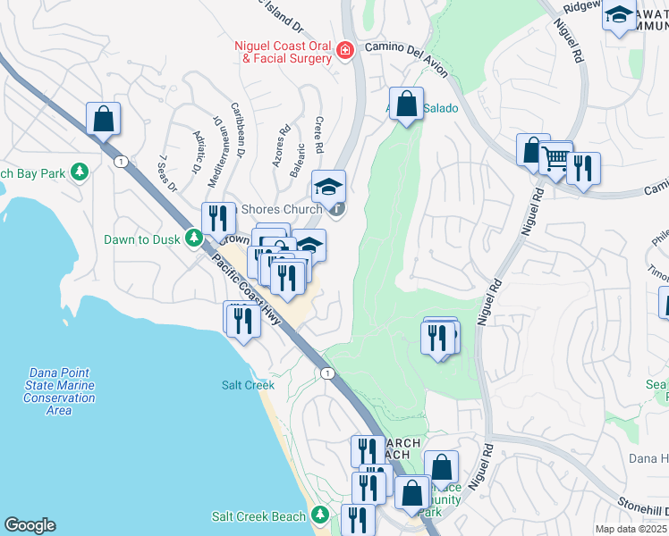 map of restaurants, bars, coffee shops, grocery stores, and more near Crown Valley Parkway in MONARCH BAY