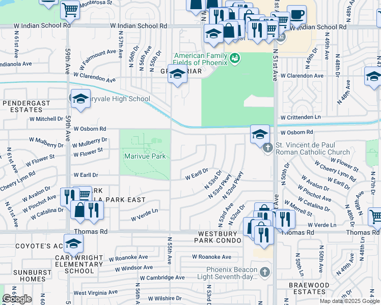 map of restaurants, bars, coffee shops, grocery stores, and more near 5426 West Flower Street in Phoenix