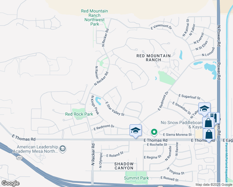 map of restaurants, bars, coffee shops, grocery stores, and more near 6134 East Saddleback Street in Mesa
