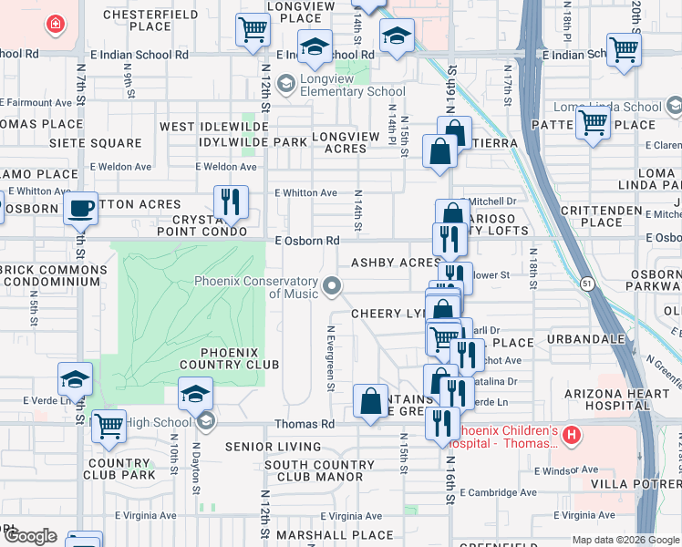 map of restaurants, bars, coffee shops, grocery stores, and more near 3315 North Randolph Road in Phoenix