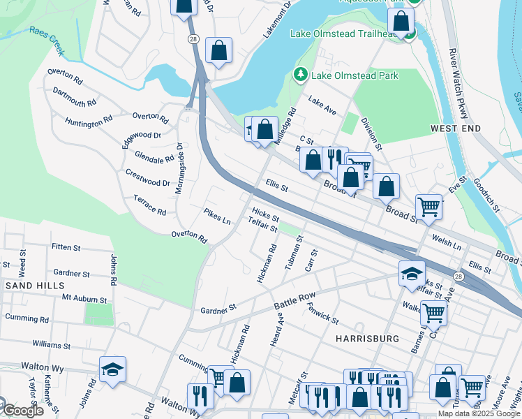 map of restaurants, bars, coffee shops, grocery stores, and more near 2170 Greene Street in Augusta