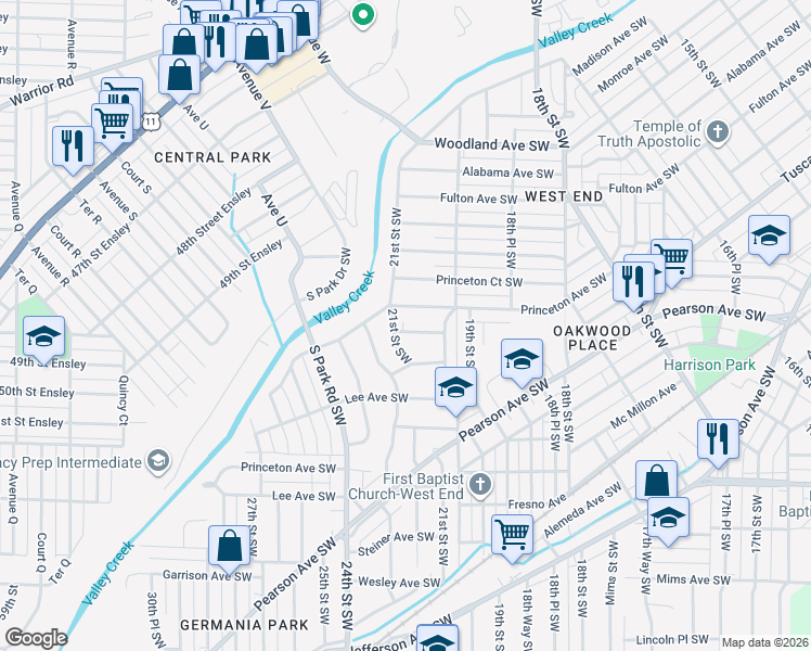 map of restaurants, bars, coffee shops, grocery stores, and more near 212 21st Street Southwest in Birmingham