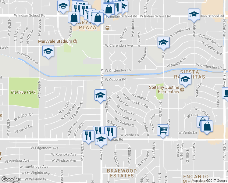 map of restaurants, bars, coffee shops, grocery stores, and more near 3202 North 50th Drive in Phoenix