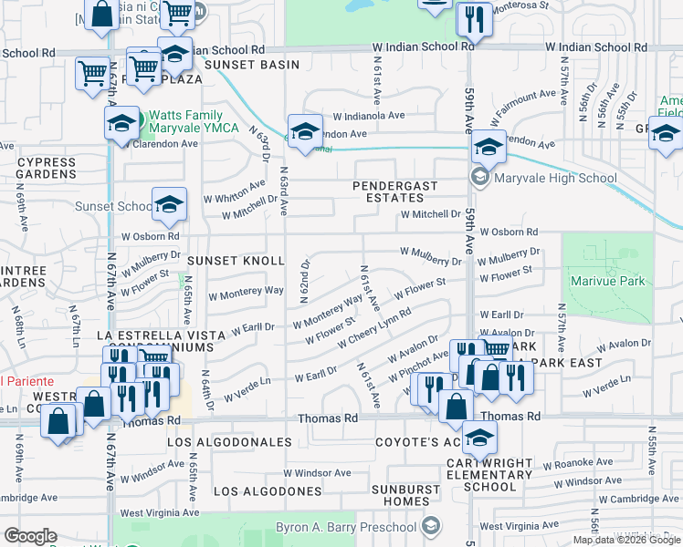 map of restaurants, bars, coffee shops, grocery stores, and more near 3338 North 61st Drive in Phoenix