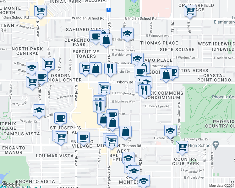 map of restaurants, bars, coffee shops, grocery stores, and more near 25 East Lexington Avenue in Phoenix