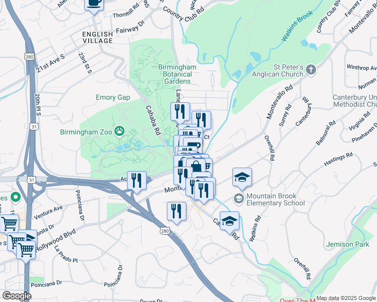 map of restaurants, bars, coffee shops, grocery stores, and more near 291 Rele Street in Mountain Brook