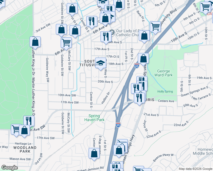 map of restaurants, bars, coffee shops, grocery stores, and more near 2006 Center Way South in Birmingham